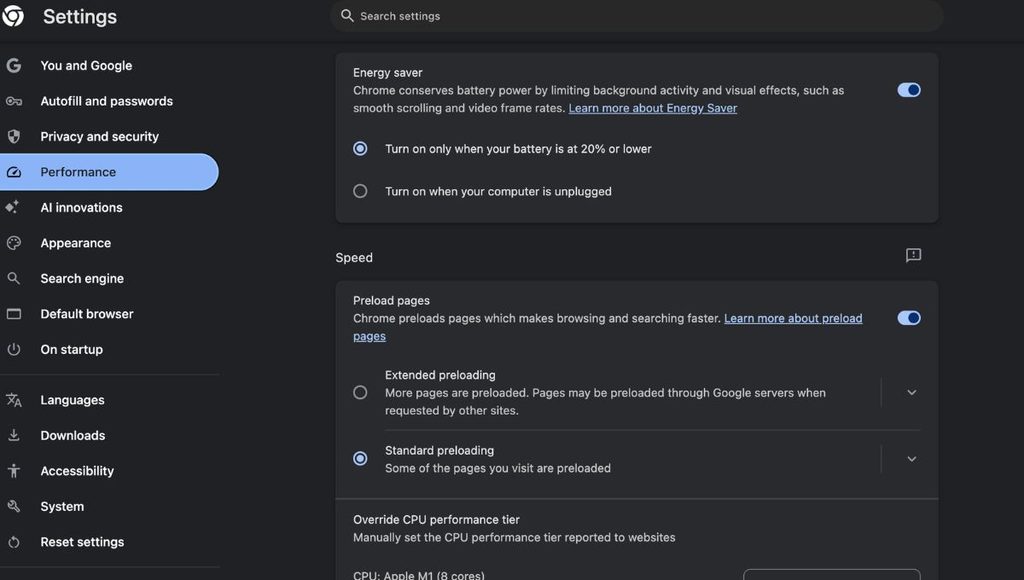 Turning on energy saver to limit background activity in Chrome on Mac